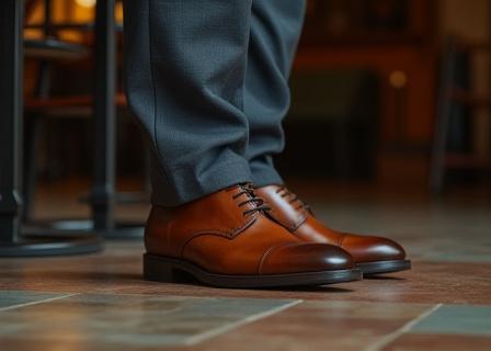 A close-up of Sekai Stitch leather shoes and trousers in a cafe setting.