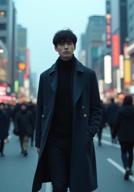 A model in a Sekai Stitch trench coat at Shibuya Crossing.